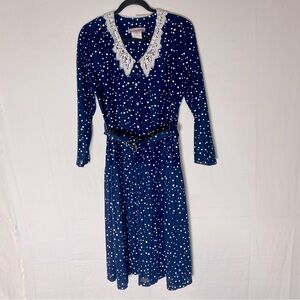 Vintage Functionals Navy Blue Polkadot Button Up Belted Dress W Lace Collar 14